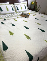 Green Tree Motif Patterns Hand Block Quilt/ Razai