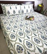 Blue Gulbahar Jaal Hand Block Bedsheet with 2 Pillow Cover Set - 220TC