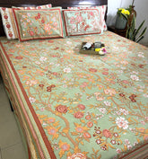 Morning at the Mughal Gardens Pestel Green Hand Block Bedsheet with 2 Pillow Cover Set - 220TC