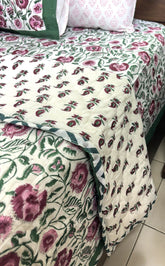 Maroon, Pink & Green Floral Patterns Hand Block Quilt/ Razai