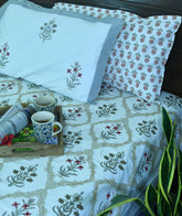 Red & Grey Lilly Mughal Jaal Hand Block Bedsheet with 2 Pillow Cover Set - 220TC
