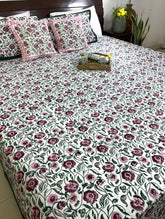 Maroon, Pink & Green Floral Patterns Hand Block Bedsheet with 2 Pillow Cover Set - 400TC