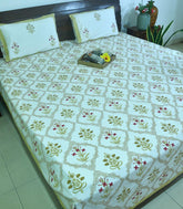 Red & Yellow Lilly Mughal Jaal Hand Block Bedsheet with 2 Pillow Cover Set - 220TC