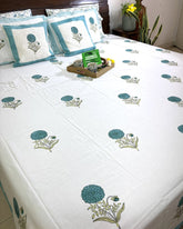 Turquoise Blue Floral Motif Hand Block Bedsheet with 2 Pillow Cover Set - 400TC