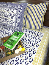 Blue Penguin Hand Block Bedsheet with 1 Pillow Cover- 220TC