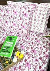 Pink Baby Elephant Hand Block Bedsheet with 1 Pillow Cover- 220TC
