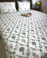 Jacobean floral Pink & Grey Hand Block Bedsheet with 2 Pillow Cover Set - 220TC