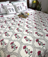 Deep Pink Carnation Flower Patterns Hand Block Quilt/ Razai
