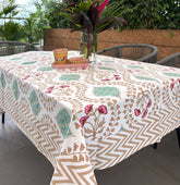 Pink Hibiscus on Gold Hand Block Rectangle  Table Cover / Cloth
