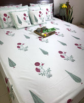 Green & Pink Botanical Floral Tree Patterns Hand Block Bedsheet with 2 Pillow Cover Set - 400TC