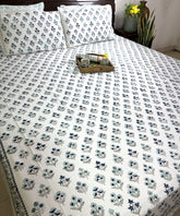 Blue & Grey Small Butta Patterns Hand Block Bedsheet with 2 Pillow Cover Set - 400TC