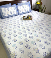 Soft Blue Guldaudi Hand Block Bedsheet with 2 Pillow Covers Set - 220TC