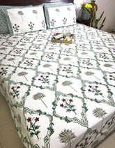 Green Lilly Flower Jaal Hand Block Bedsheet with 2 Pillow Cover Set - 220TC
