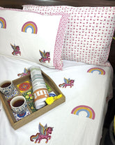 Multicolor Rainbow Unicorn Hand Block Bedsheet with 1 Pillow Cover- 220TC