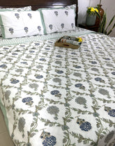 Jacobean Floral Blue & Grey Bedsheet & Dohar Set – Hand Block Printed