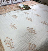 Orange Round Flower Jaal Patterns Hand Block Quilt/ Razai