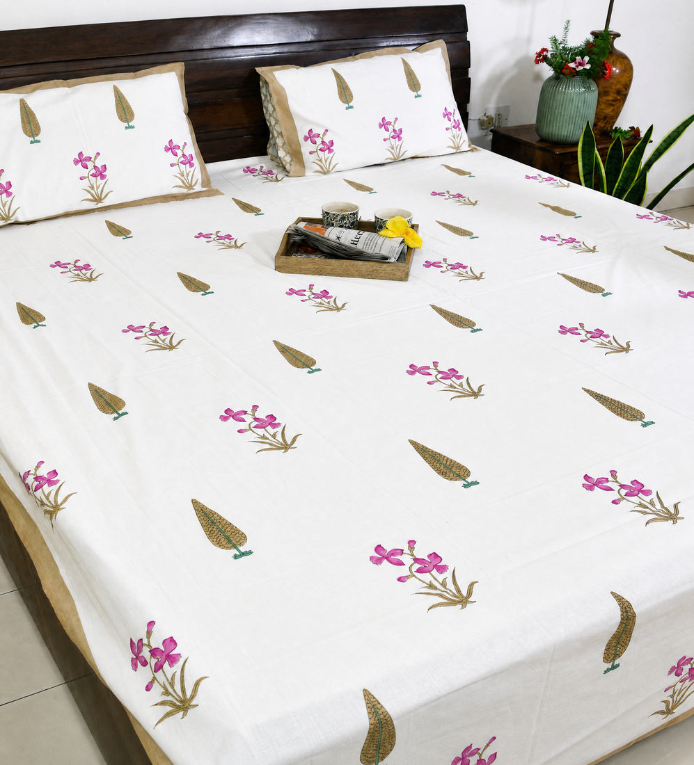Pink Lilly Gulbahaar Hand Block Bedsheet with 2 Pillow Cover Set - 220TC