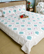 Pink Hibiscus on Gold Hand Block Bedsheet with 2 Pillow Cover Set - 220TC