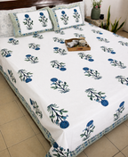 Blue Suryamukhi Hand Block Bedsheet with 2 Pillow Cover Set - 220TC