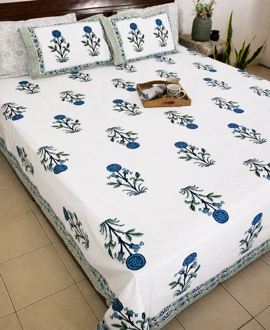 Blue Suryamukhi Hand Block Bedsheet with 2 Pillow Cover Set - 220TC