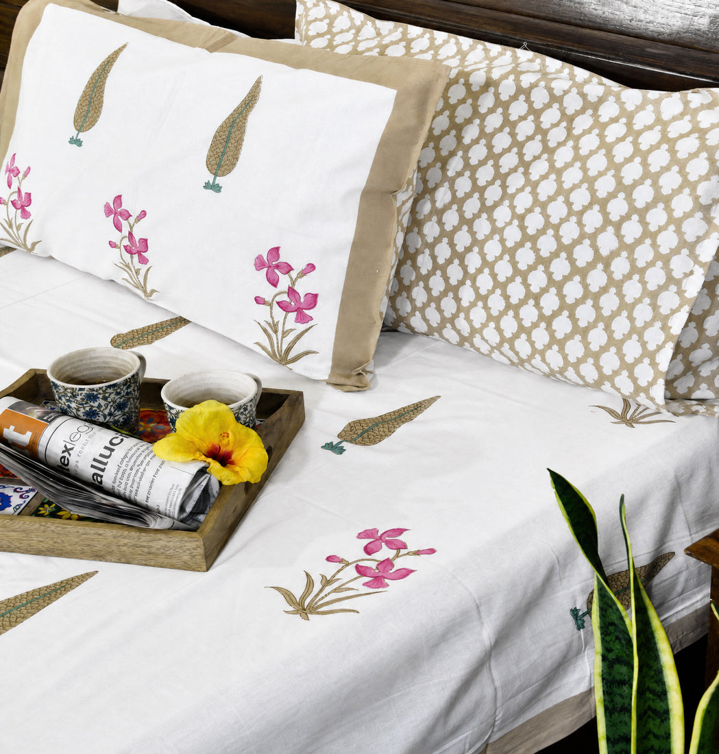 Pink Lilly Gulbahaar Hand Block Bedsheet with 2 Pillow Cover Set - 220TC