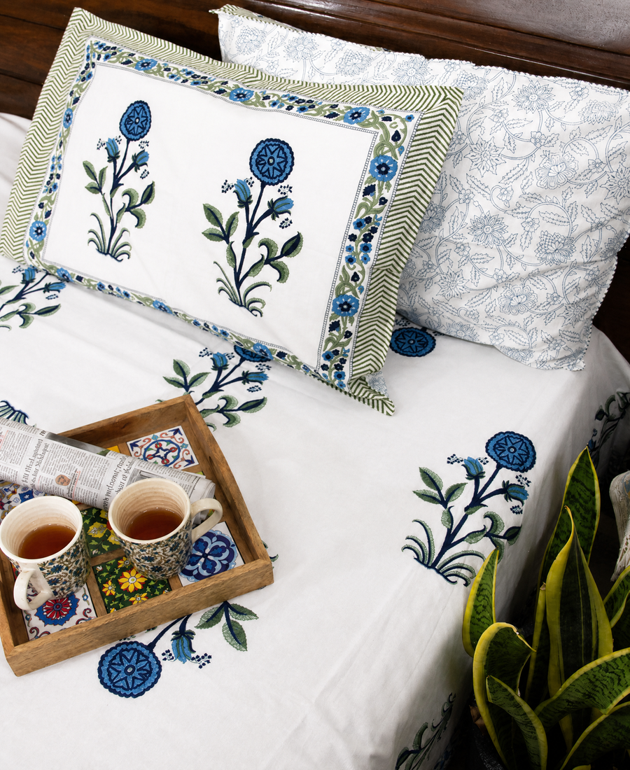 Blue Suryamukhi Hand Block Bedsheet with 2 Pillow Cover Set - 220TC