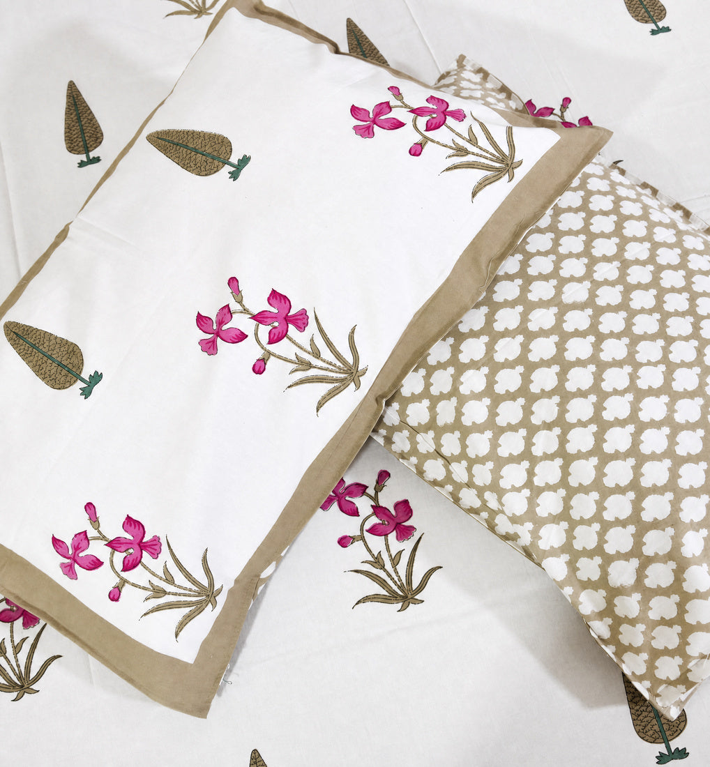Pink Lilly Gulbahaar Hand Block Bedsheet with 2 Pillow Cover Set - 220TC