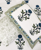 Blue Suryamukhi Hand Block Bedsheet with 2 Pillow Cover Set - 220TC