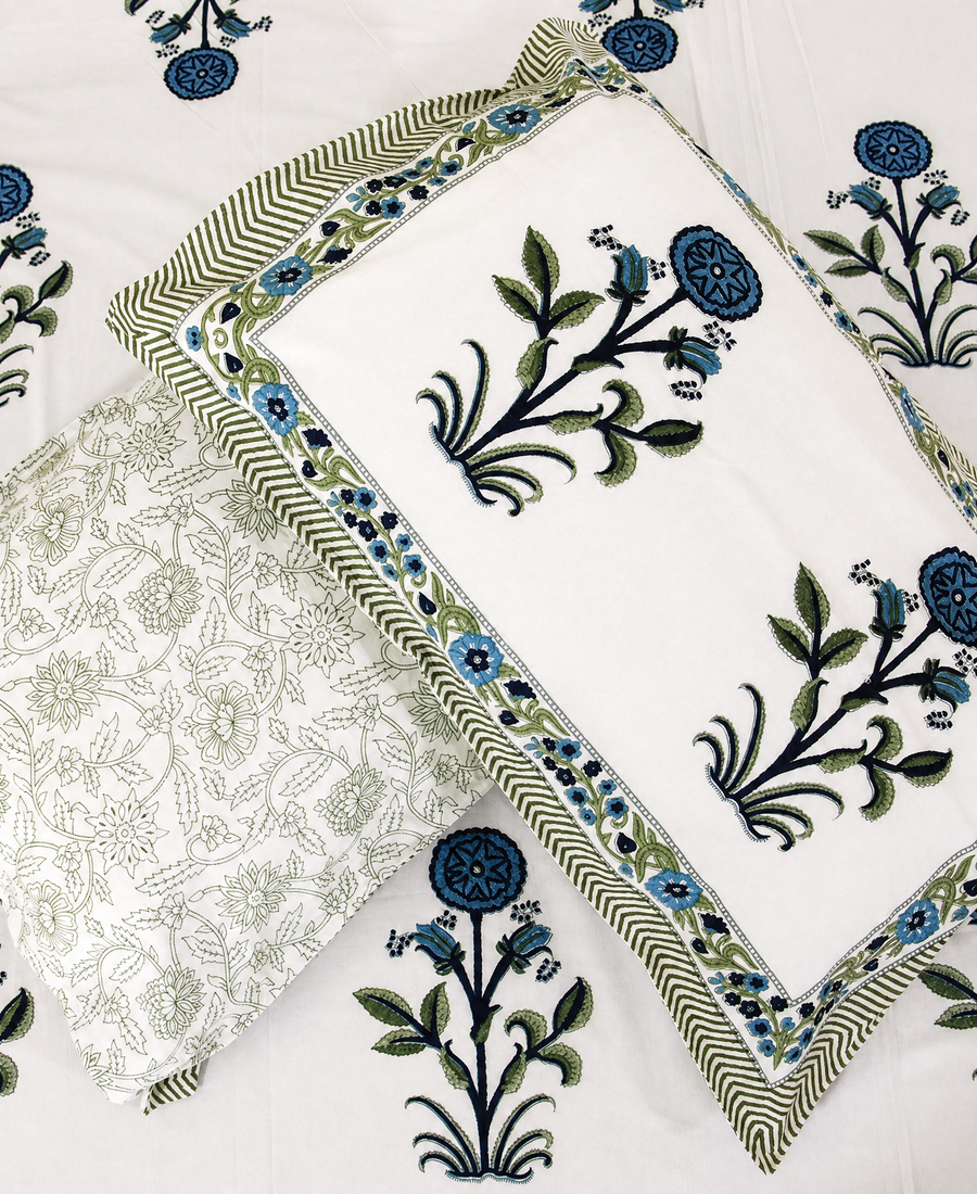 Blue Suryamukhi Hand Block Bedsheet with 2 Pillow Cover Set - 220TC