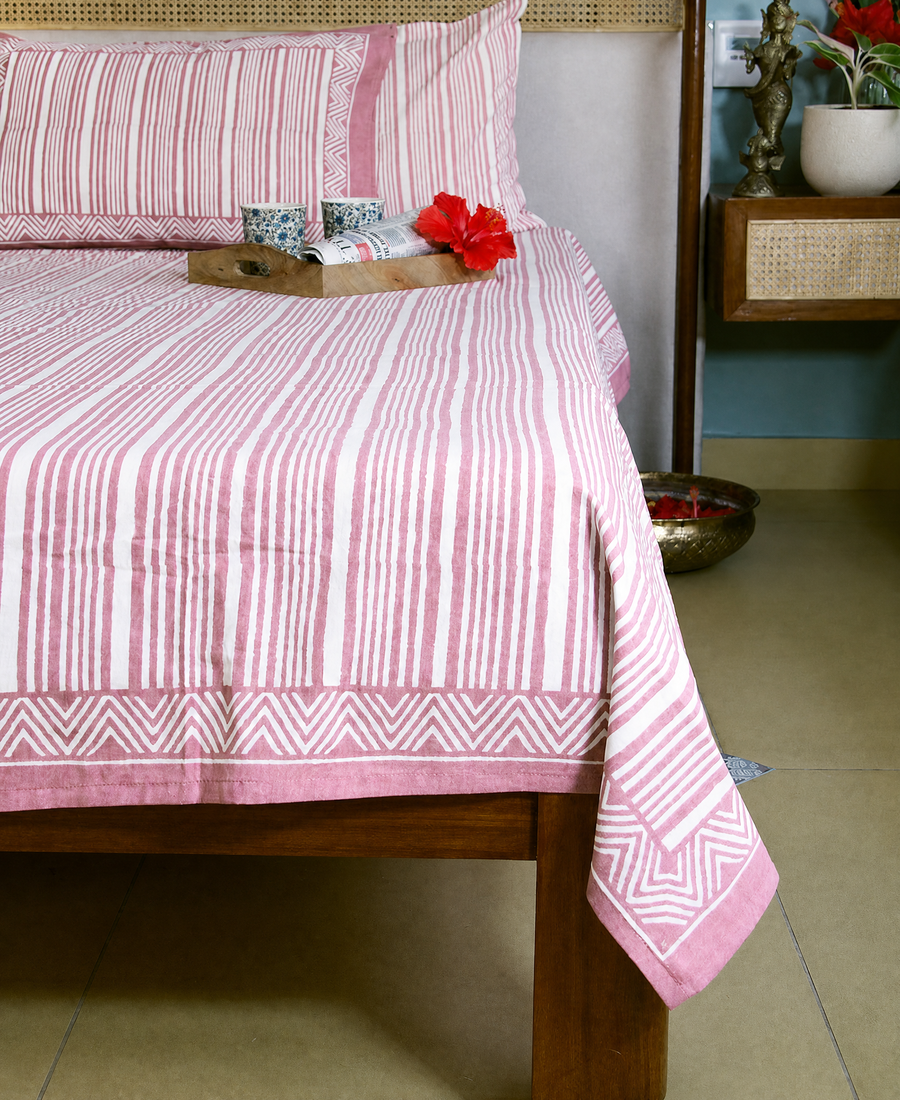 Geometrical Pink Striped Hand Block Bedsheet with 2 Pillow Cover Set - 220TC