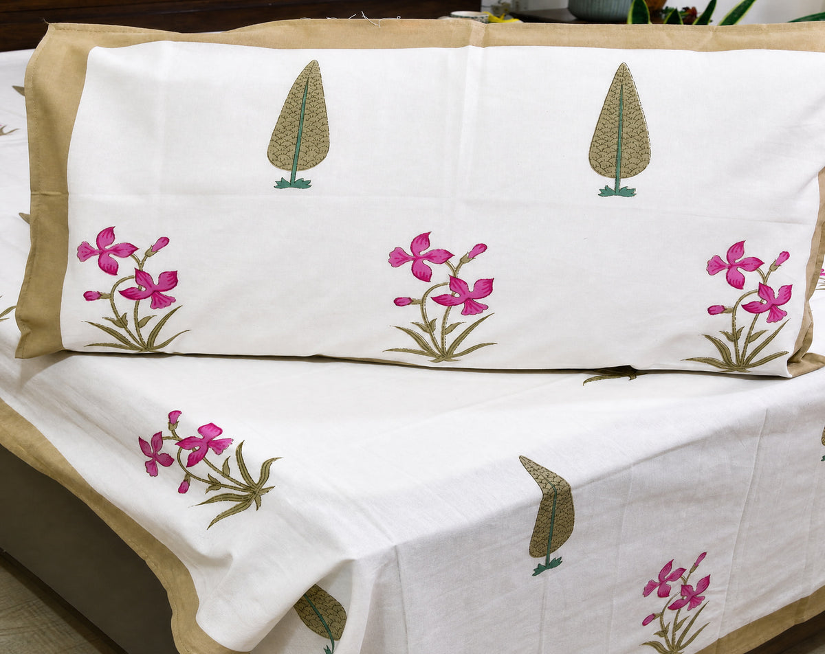 Pink Lilly Gulbahaar Hand Block Bedsheet with 2 Pillow Cover Set - 220TC