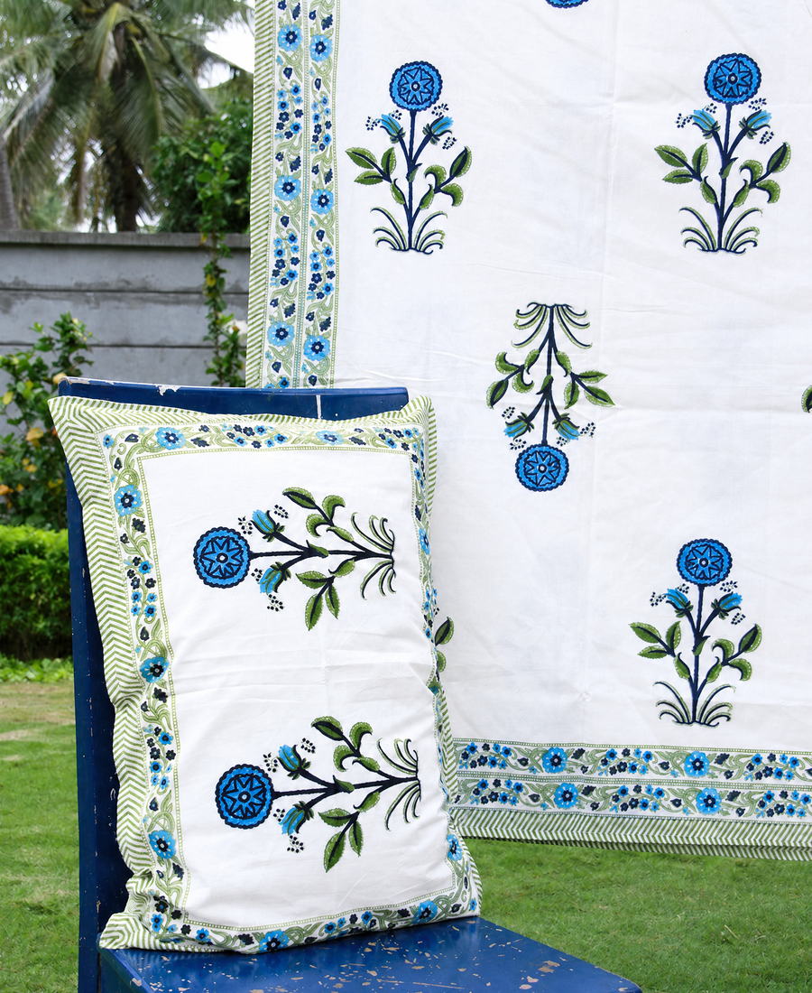 Blue Suryamukhi Hand Block Bedsheet with 2 Pillow Cover Set - 220TC