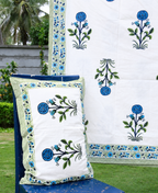 Blue Suryamukhi Hand Block Bedsheet with 2 Pillow Cover Set - 220TC