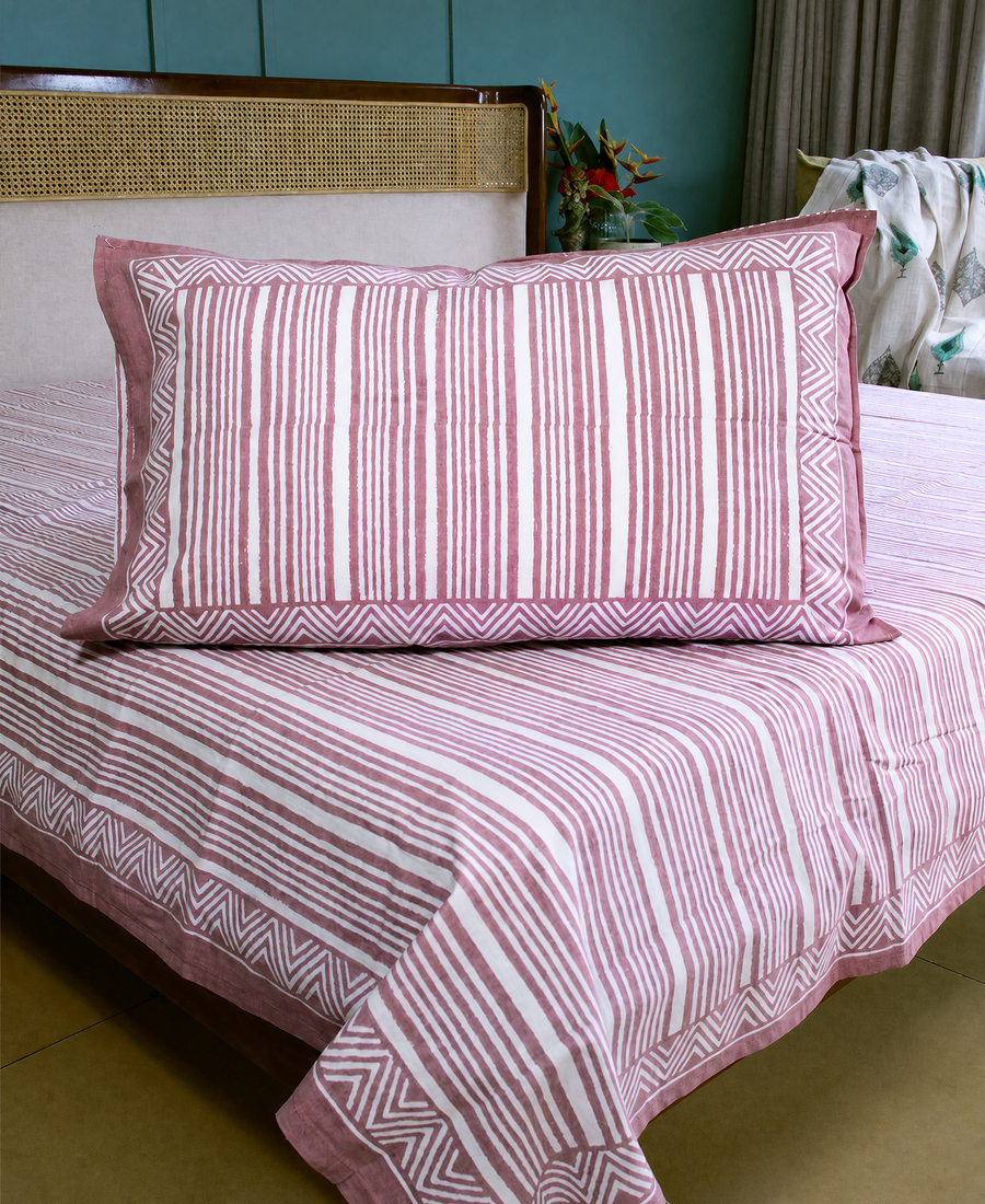 Geometrical Pink Striped Hand Block Bedsheet with 2 Pillow Cover Set - 220TC