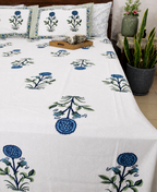 Blue Suryamukhi Hand Block Bedsheet with 2 Pillow Cover Set - 220TC