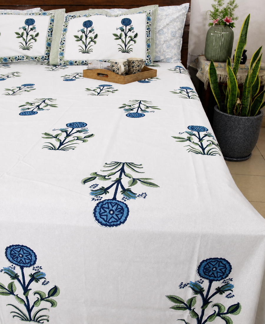Blue Suryamukhi Hand Block Bedsheet with 2 Pillow Cover Set - 220TC