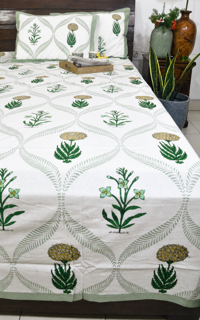 Marigold with Purple Lily Hand Block Bedsheet with 2 Pillow Cover Set - 220TC