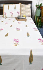 Pink Lilly Gulbahaar Hand Block Bedsheet with 2 Pillow Cover Set - 220TC