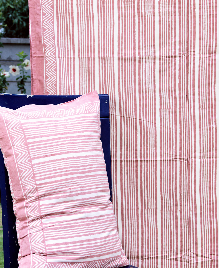Geometrical Pink Striped Hand Block Bedsheet with 2 Pillow Cover Set - 220TC