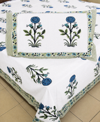 Blue Suryamukhi Hand Block Bedsheet with 2 Pillow Cover Set - 220TC