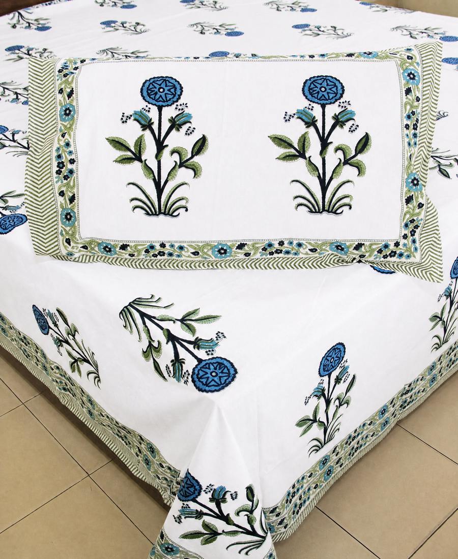 Blue Suryamukhi Hand Block Bedsheet with 2 Pillow Cover Set - 220TC
