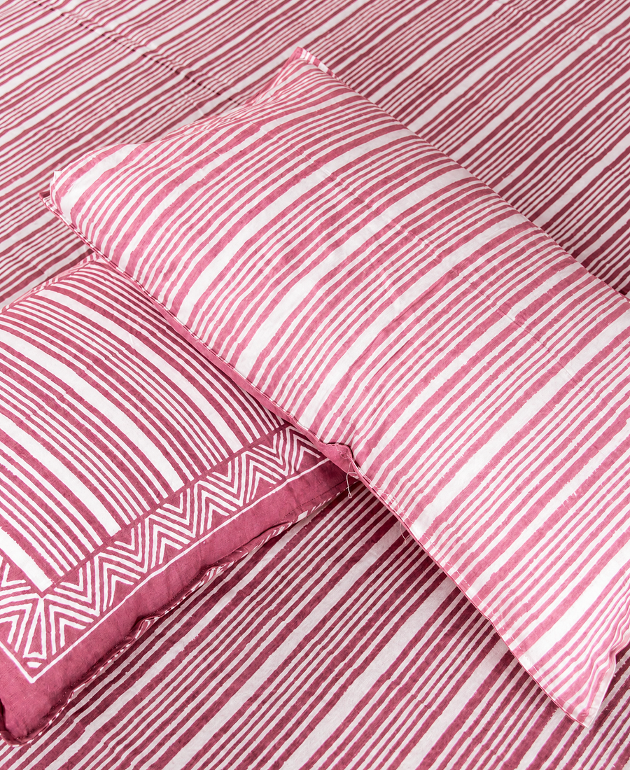 Geometrical Pink Striped Hand Block Bedsheet with 2 Pillow Cover Set - 220TC