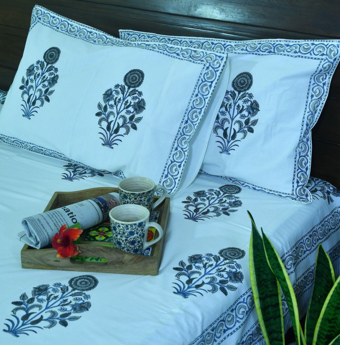 Sunflower Grey & Light Blue Hand Block Bedsheet with 2 Pillow Cover Set - 280TC