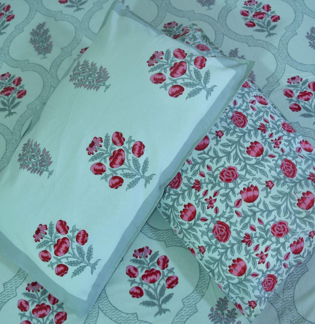 Pink Flower Hand Block Bedsheet with 2 Pillow Cover Set - 220TC