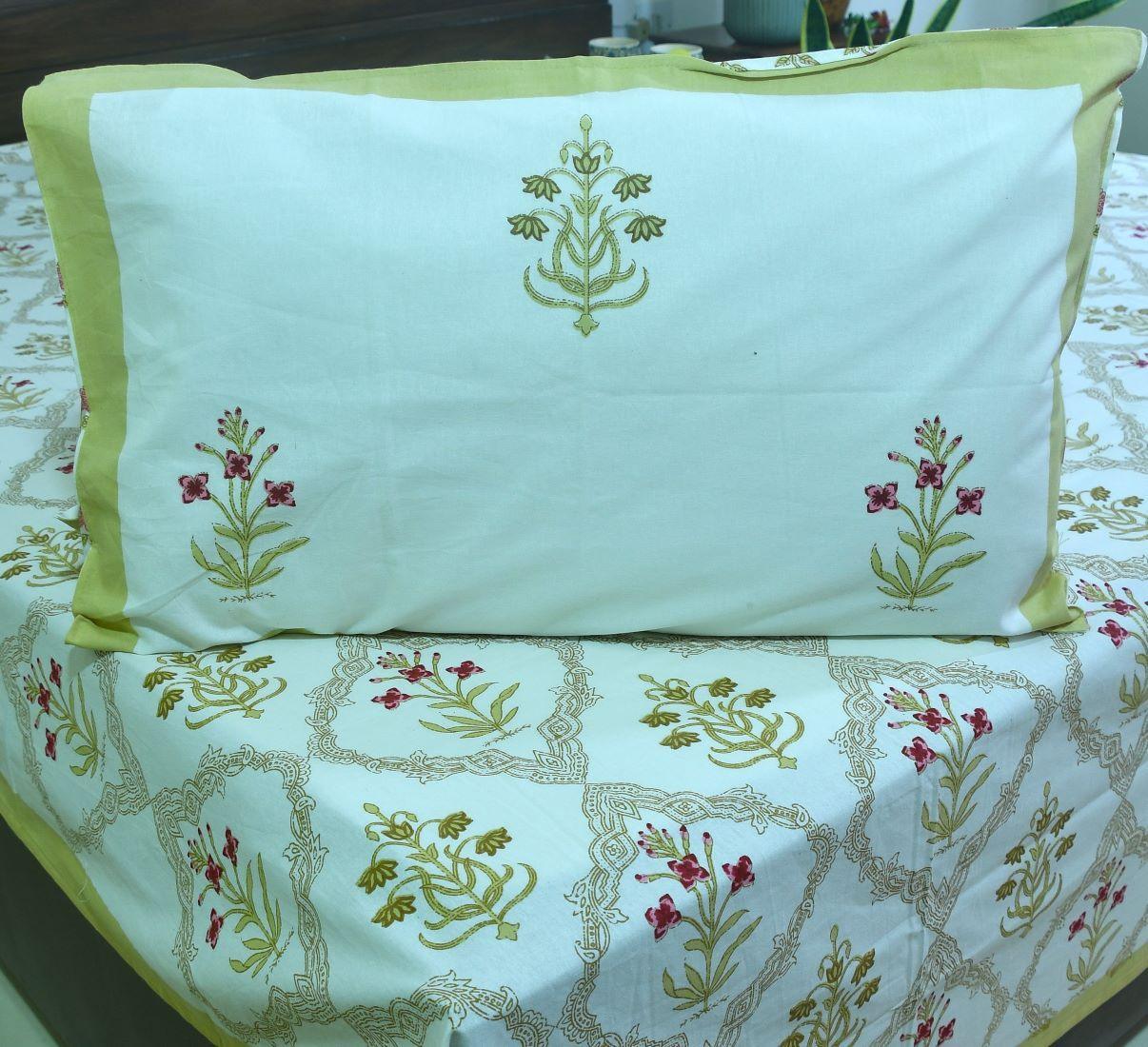 Red & Yellow Lilly Mughal Jaal Hand Block Bedsheet with 2 Pillow Cover Set - 220TC
