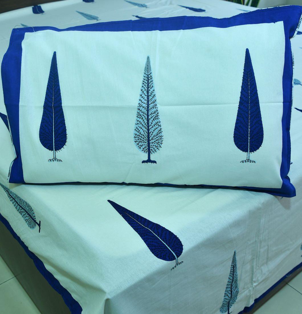 Blue Gulbahaar Hand Block Bedsheet with 2 Pillow Cover Set - 220TC