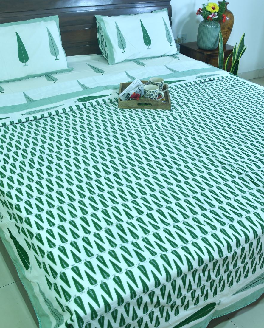 Green Gulbahaar Jaal  Bedsheet & Dohar Set – Hand Block Printed