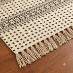Black and Ivory Small Square Floral  Hand Block Printed Jute Rug