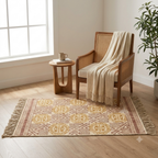 Mustard Yellow and maroon circular pattern Hand Block Printed Jute Rug