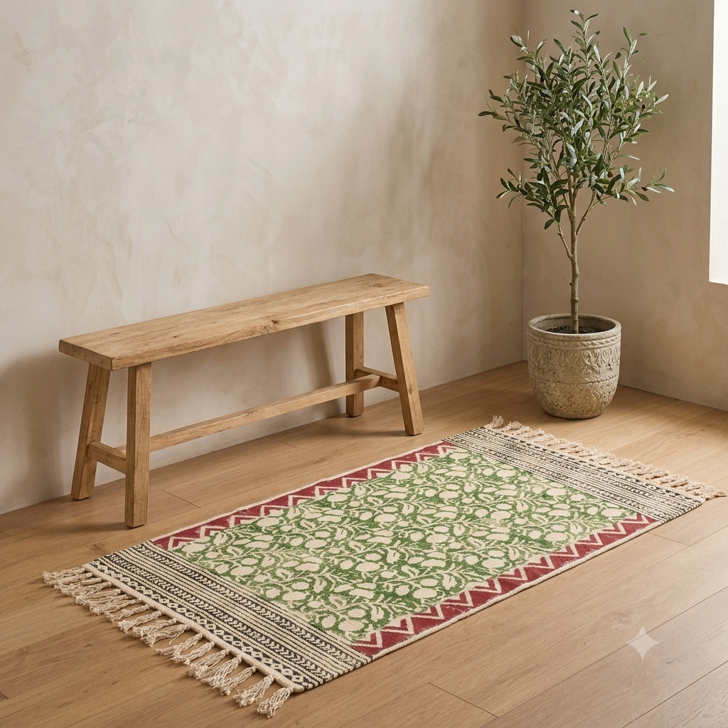 Green and red zig zag borders floral vine Hand Block Printed Jute Rug